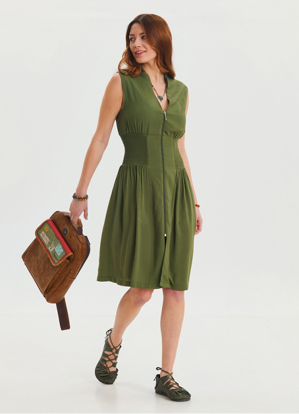 Khaki Summer Dress with Stand Collar and Zipper Detail 4440